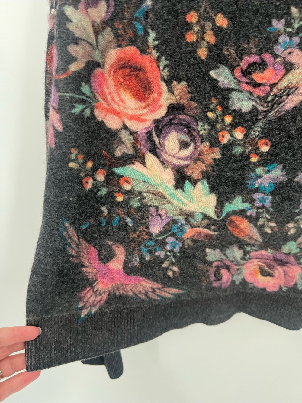 Pilcro Charcoal Mock neck Cashmere Sweater with Multicolor Floral & Bird Motif - Picture 5 of 9